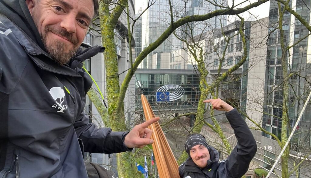 Pourquoi deux militants sont perchés dans un arbre à Bruxelles ? (vidéo)
